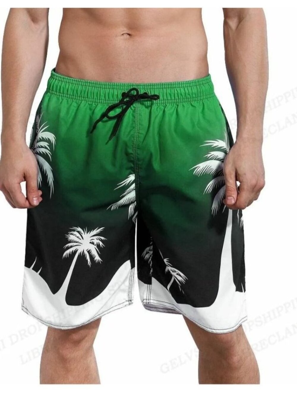 Mens XL Palm Tree Beach Swim Trunks Quick-Dry Elastic Waistband Green Gradient